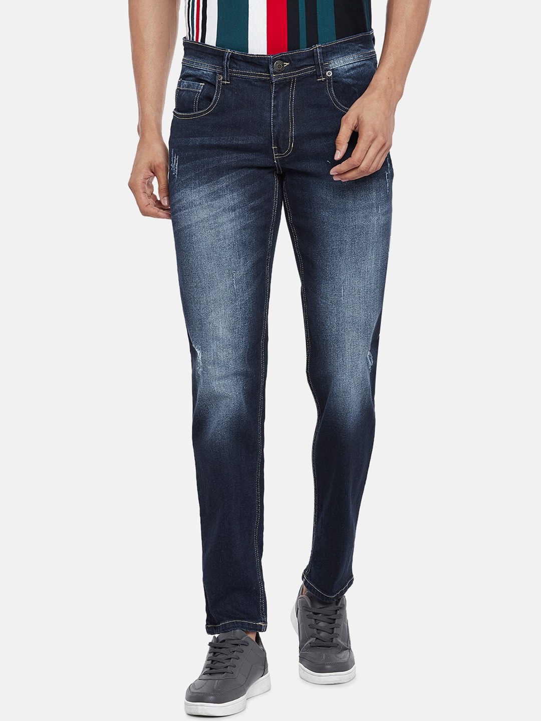 

People Men Blue Slim Fit Low Distress Light Fade Jeans
