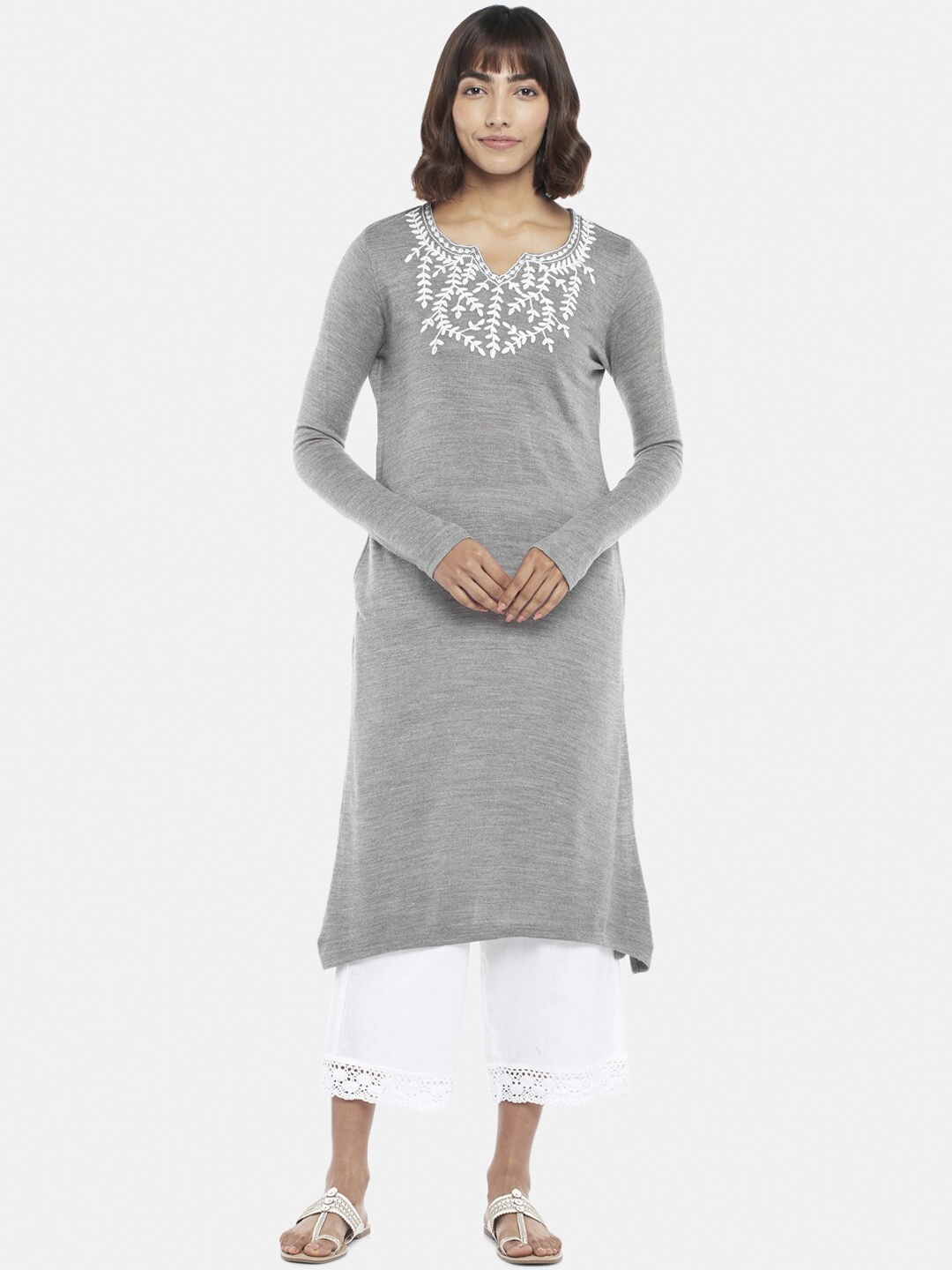 

RANGMANCH BY PANTALOONS Women Mauve Yoke Design Flared Sleeves Thread Work Kurta