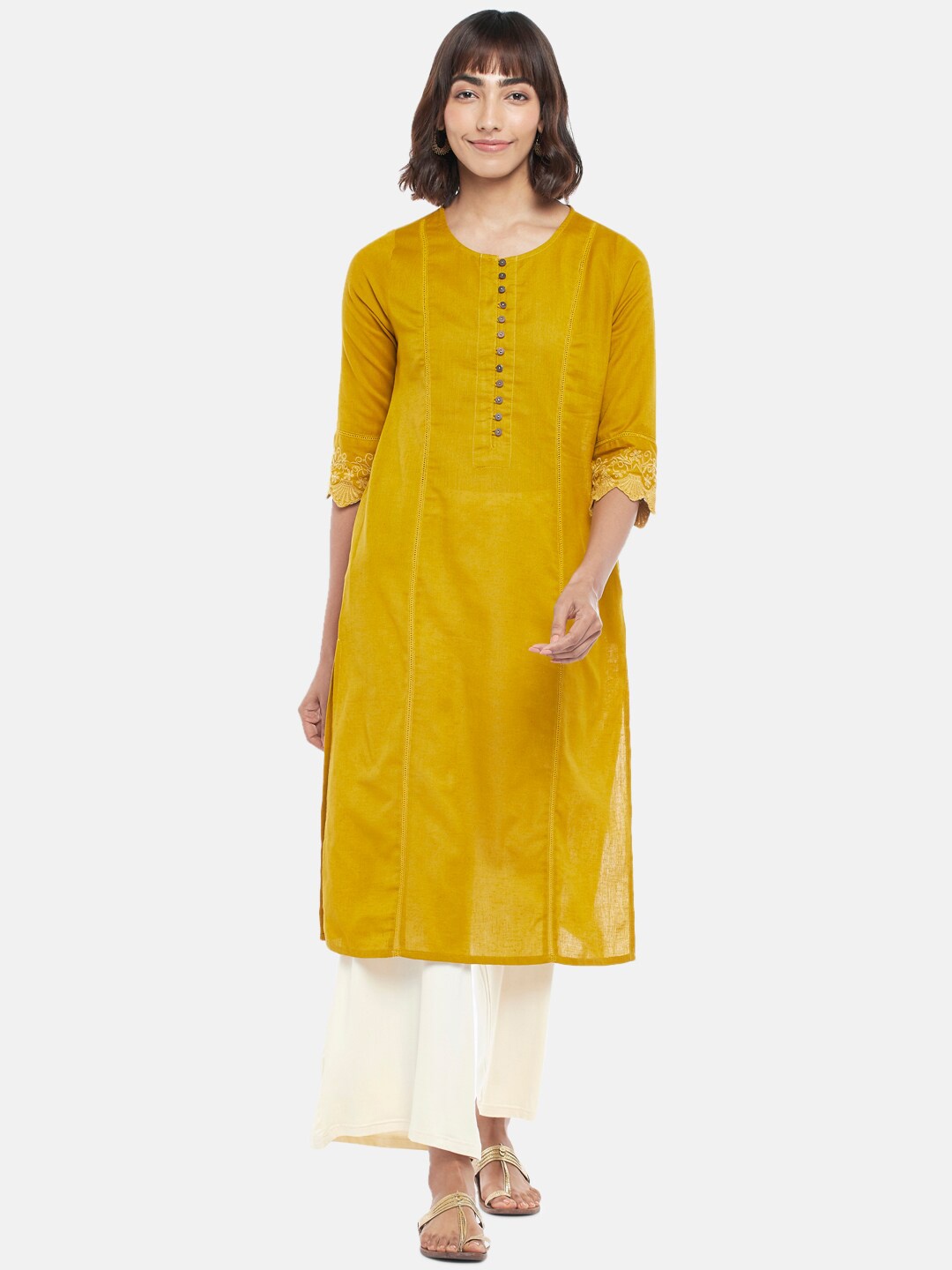 

RANGMANCH BY PANTALOONS Women Mustard Yellow Thread Work Kurta