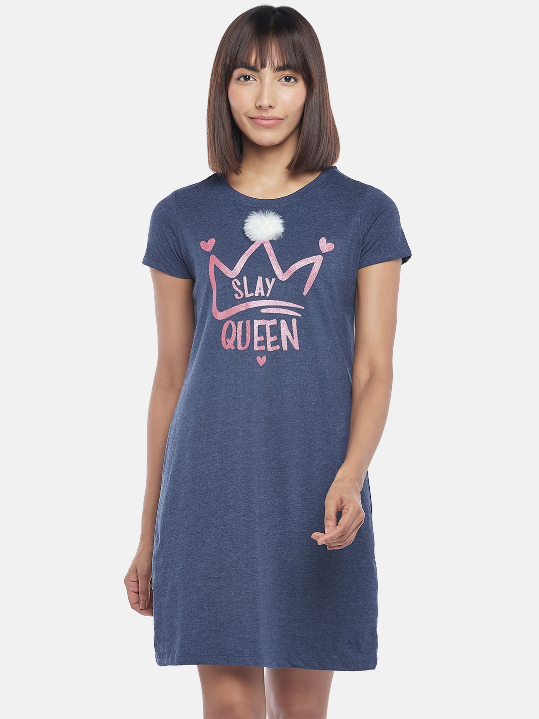 

Dreamz by Pantaloons Navy Blue & Pink Printed Pure Cotton T-shirt Nightdress