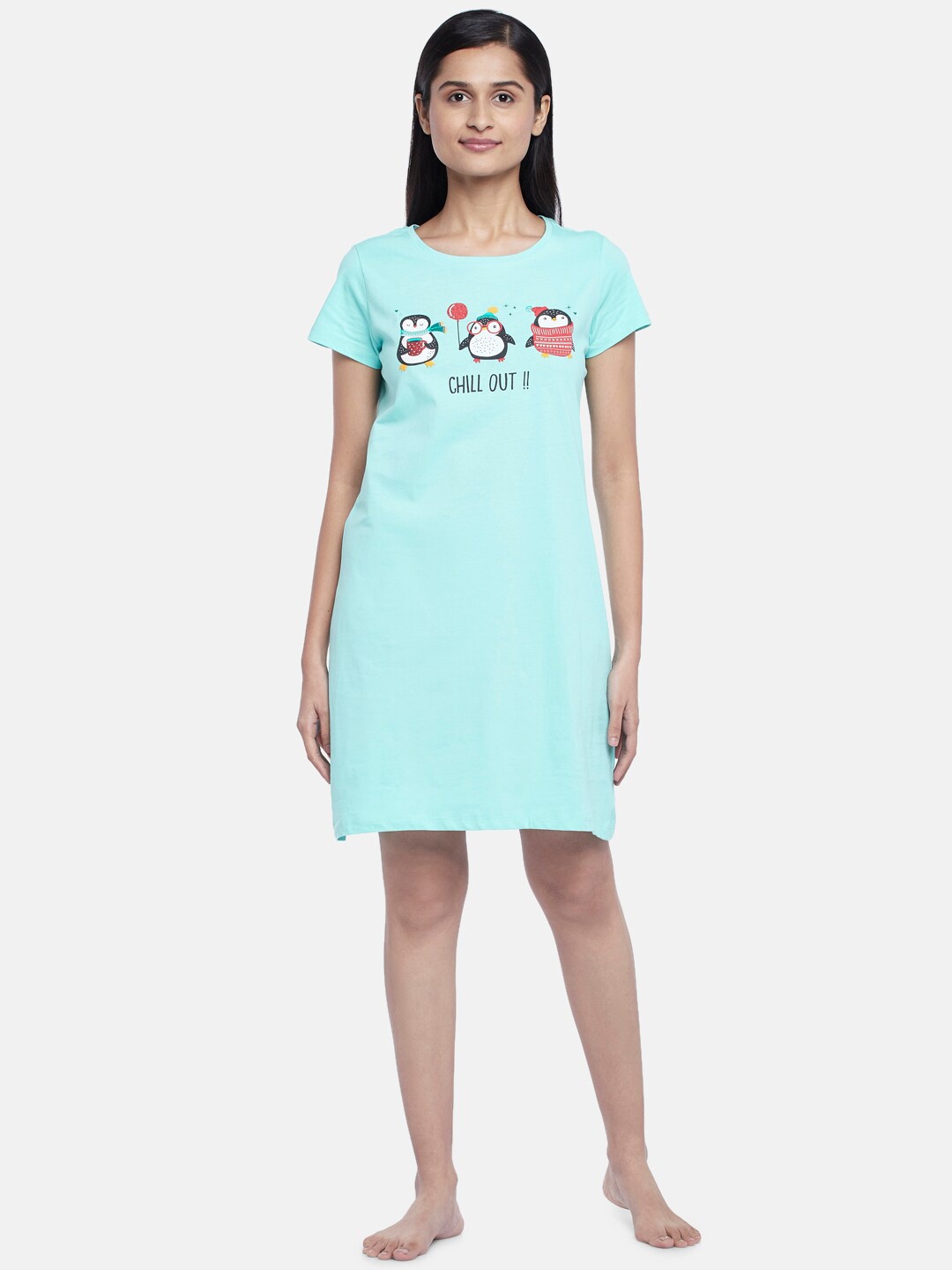 

Dreamz by Pantaloons Turquoise Blue Printed Nightdress