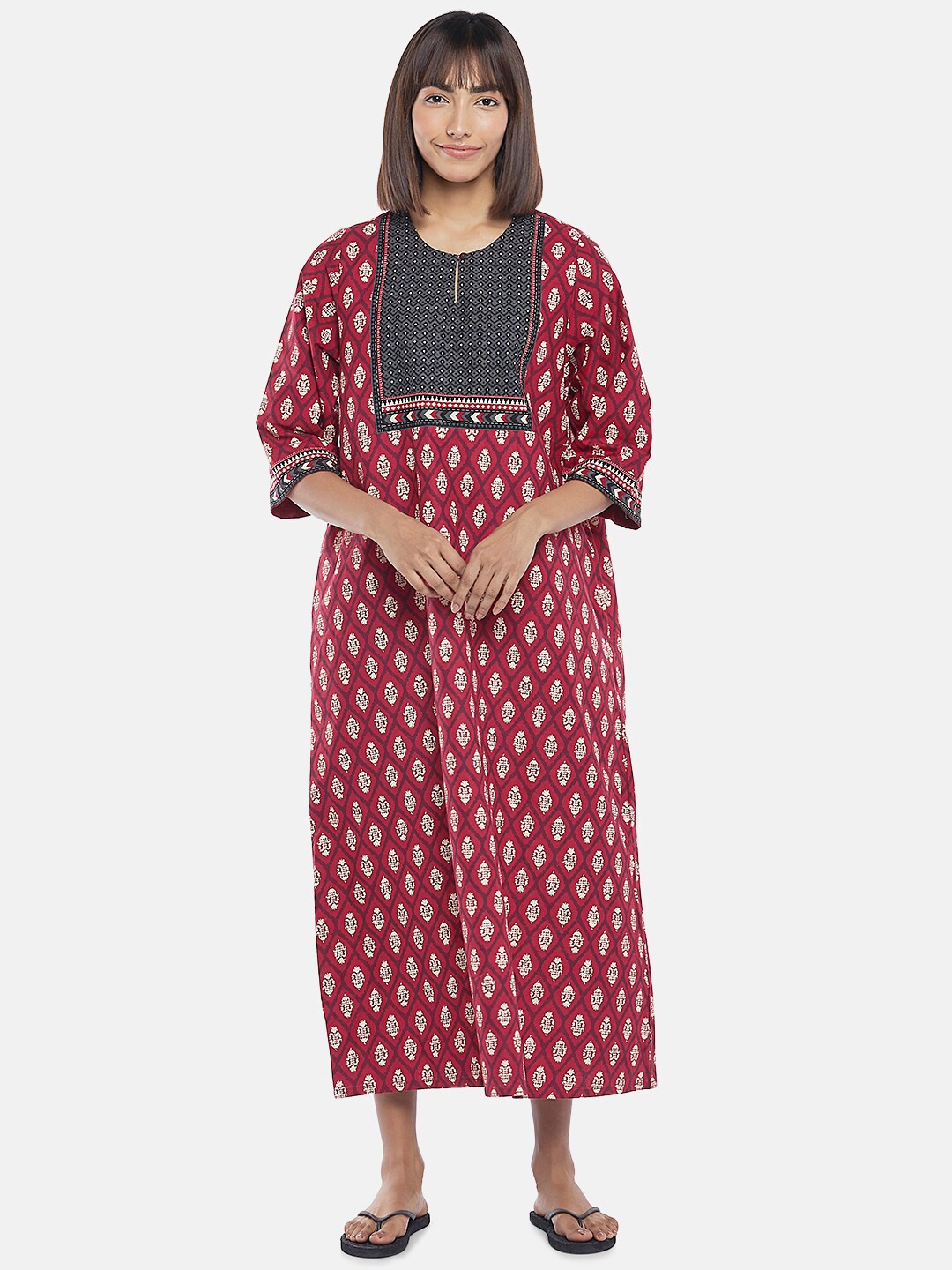 

RANGMANCH BY PANTALOONS Fuchsia Printed Pure Cotton Maxi Nightdress