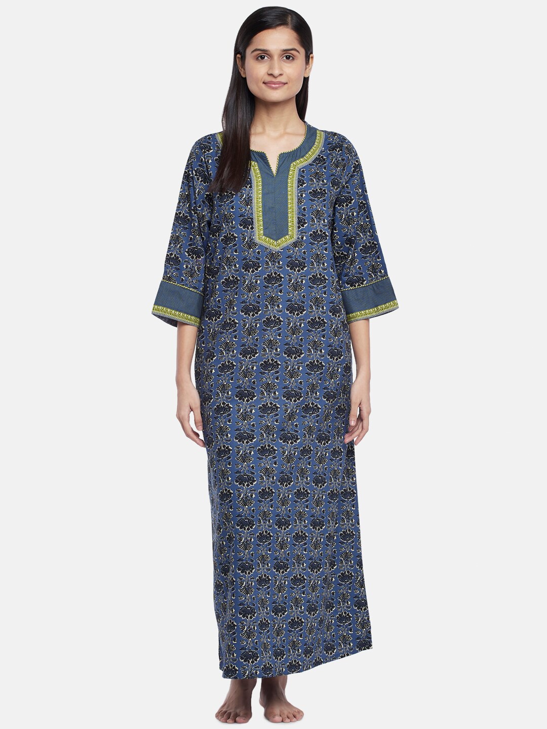 

RANGMANCH BY PANTALOONS Blue & Black Printed Pure Cotton Maxi Nightdress