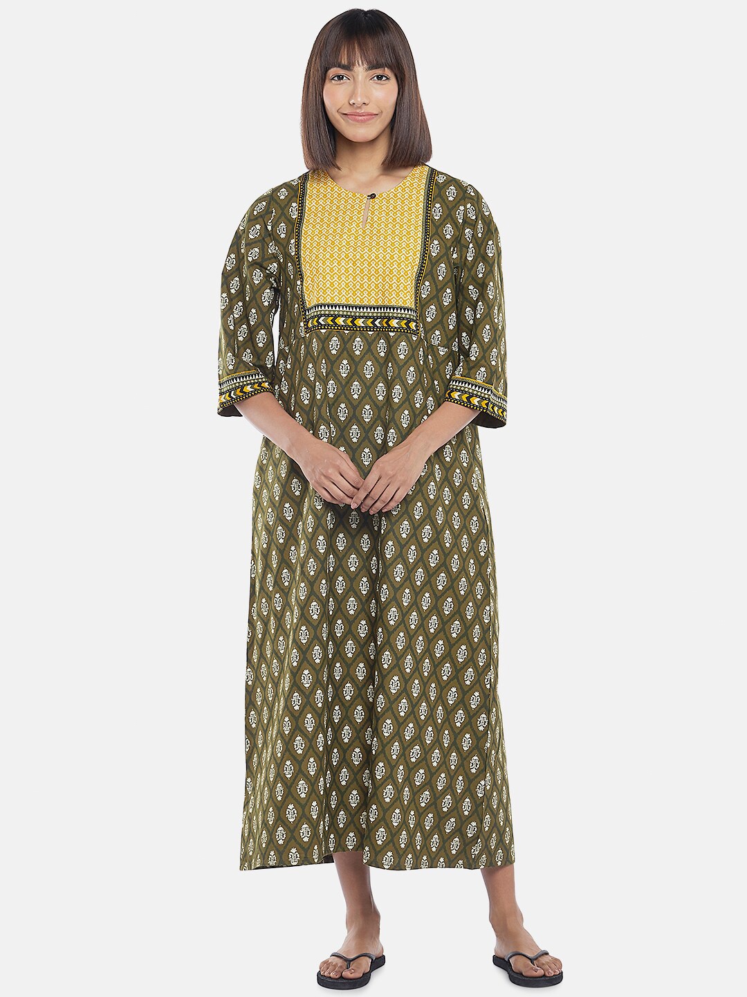 

RANGMANCH BY PANTALOONS Olive Green Printed Maxi Nightdress