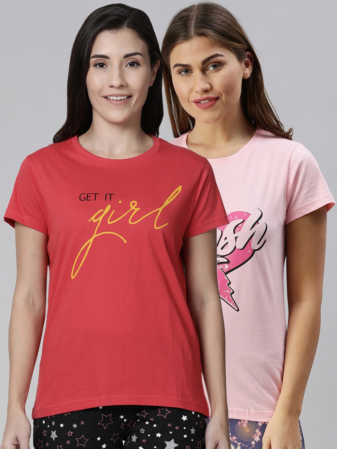 

Kryptic Women Pack Of 2 Printed Pure Cotton Lounge T-Shirts, Pink