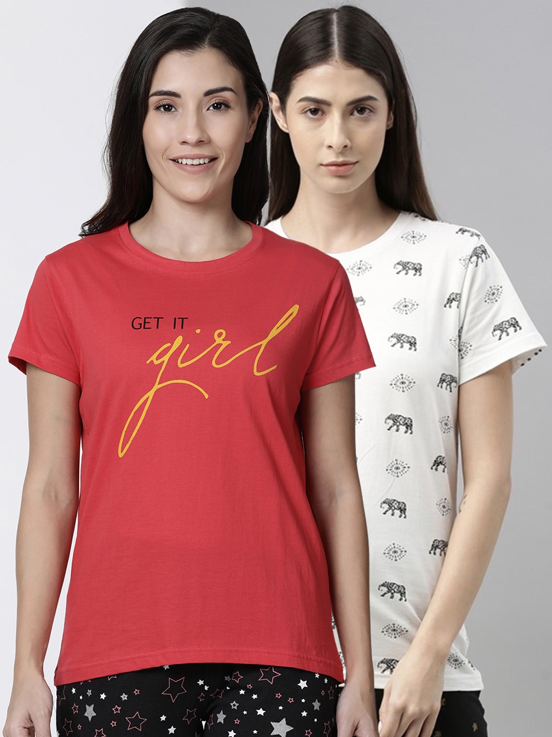

Kryptic Women Pack Of 2 Printed Pure Cotton Lounge T-Shirts, Pink