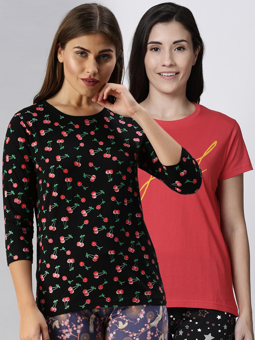 

Kryptic Women Women Pack Of 2 Printed Pure Cotton Lounge T-Shirts, Black