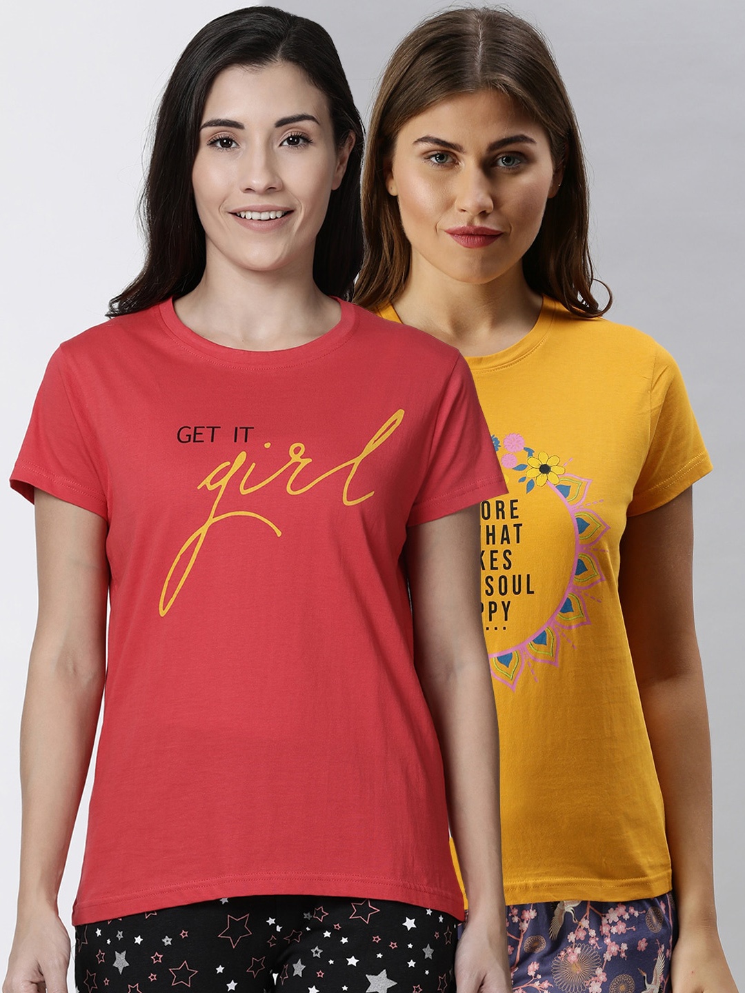

Kryptic Women Pack of 2 Cotton Printed Lounge T-Shirt, Pink