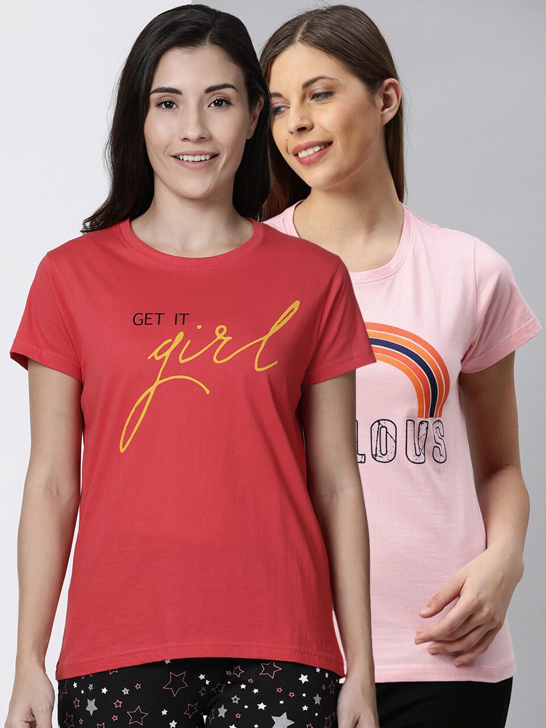 

Kryptic Women Pack of 2 Printed Pure Cotton Lounge T-shirts, Pink