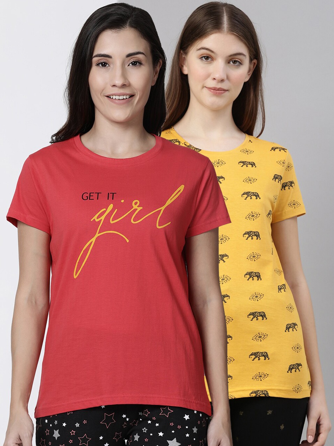 

Kryptic Women Pack Of 2 Printed Pure Cotton Lounge T-Shirts, Pink