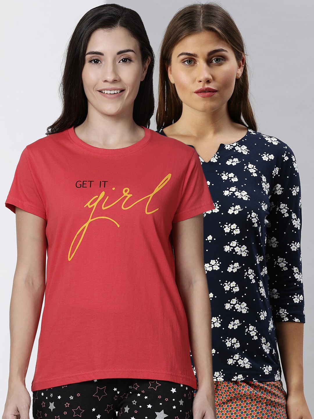 

Kryptic Women Pack Of 2 Printed Pure Cotton Lounge T-Shirts, Pink