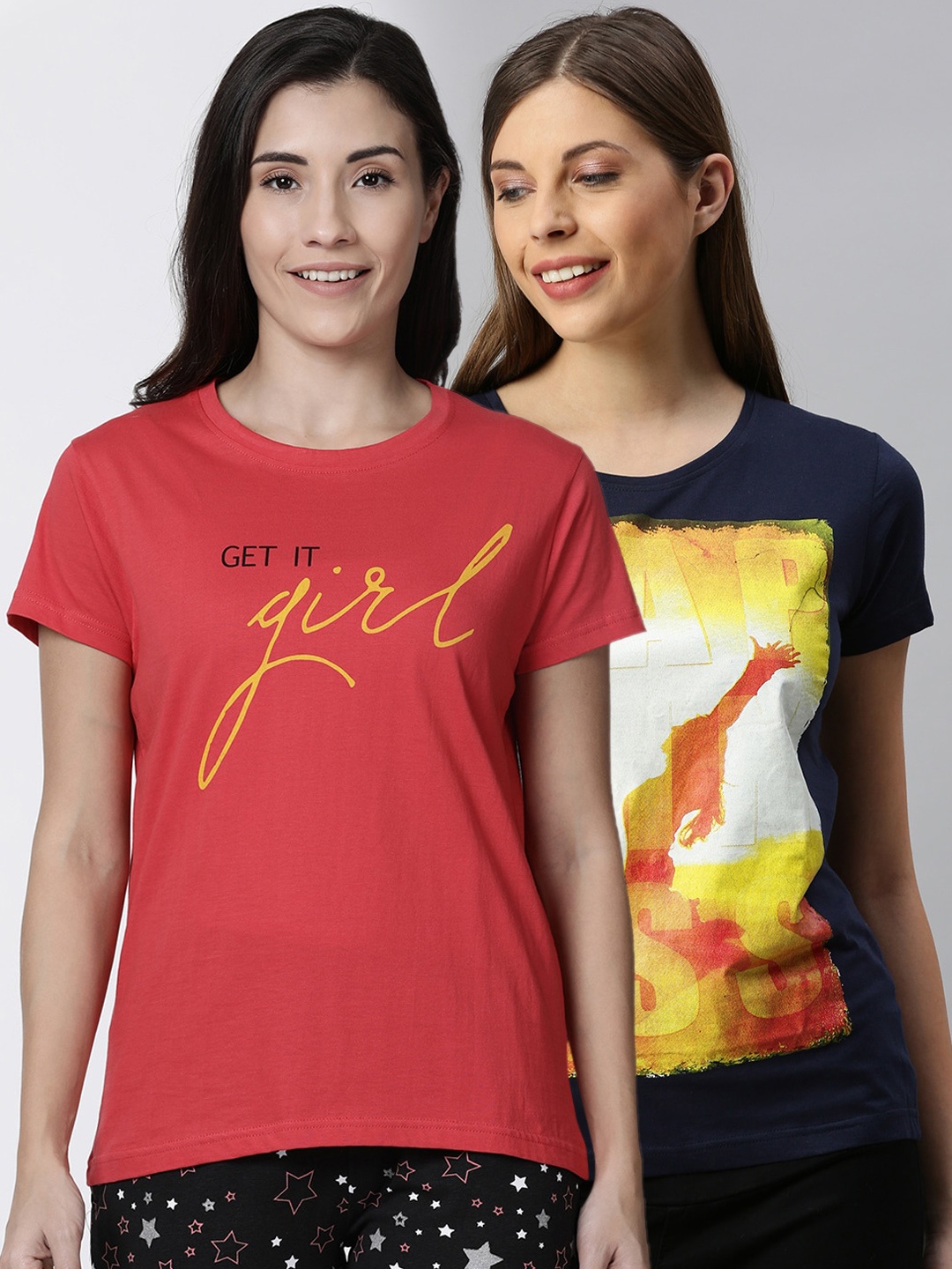 

Kryptic Women Pack Of 2 Printed Pure Cotton Lounge T-Shirts, Pink