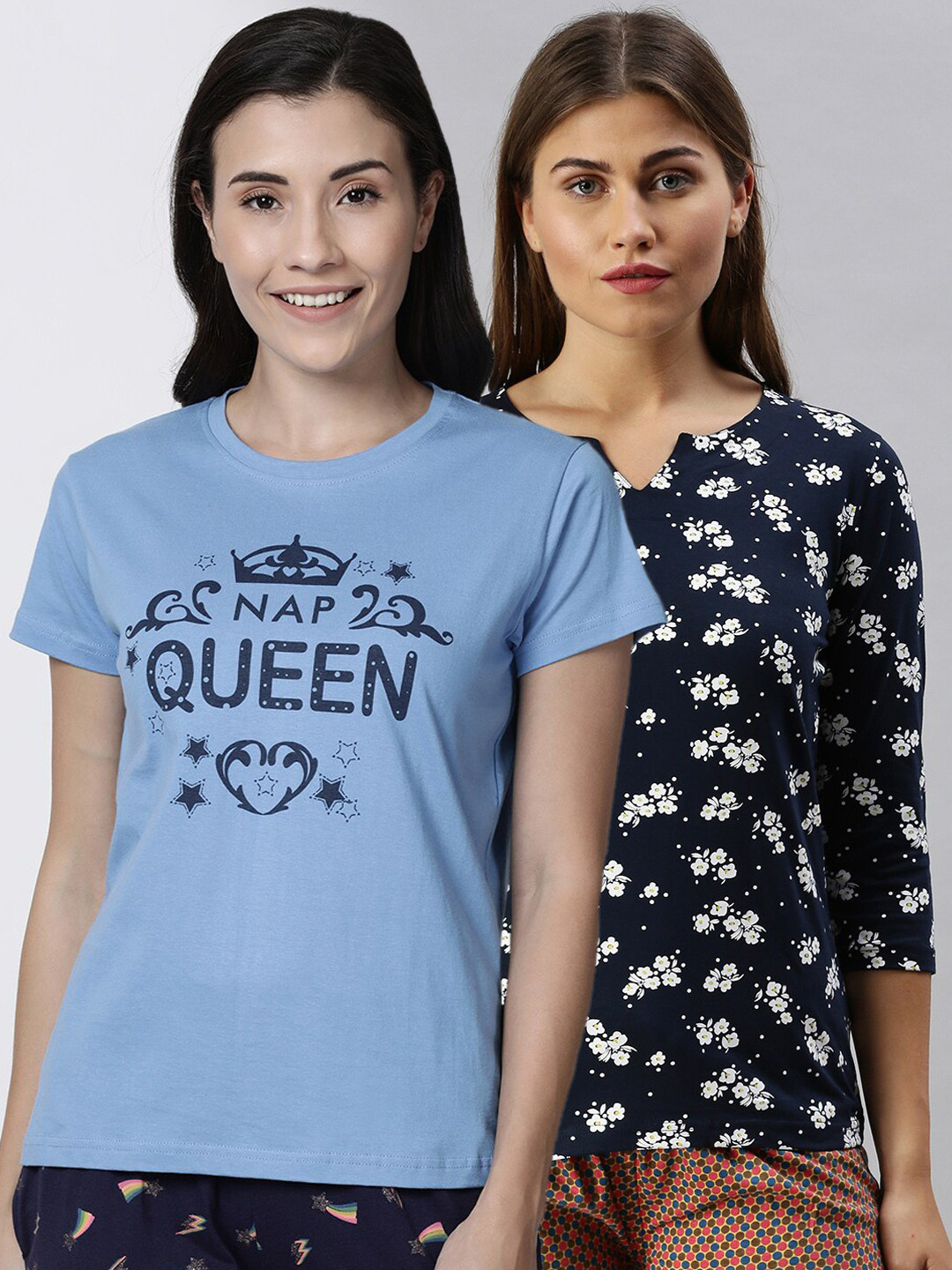 

Kryptic Women Pack Of 2 Printed Pure Cotton Lounge T-Shirts, Blue