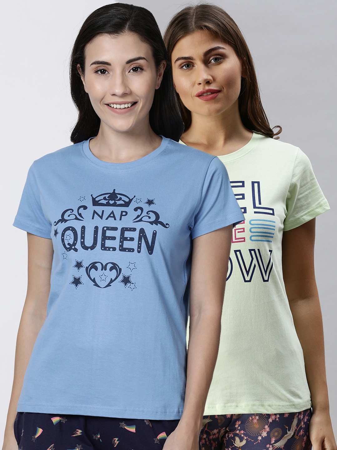 

Kryptic Women Pack Of 2 Printed Pure Cotton Lounge T-Shirts, Blue