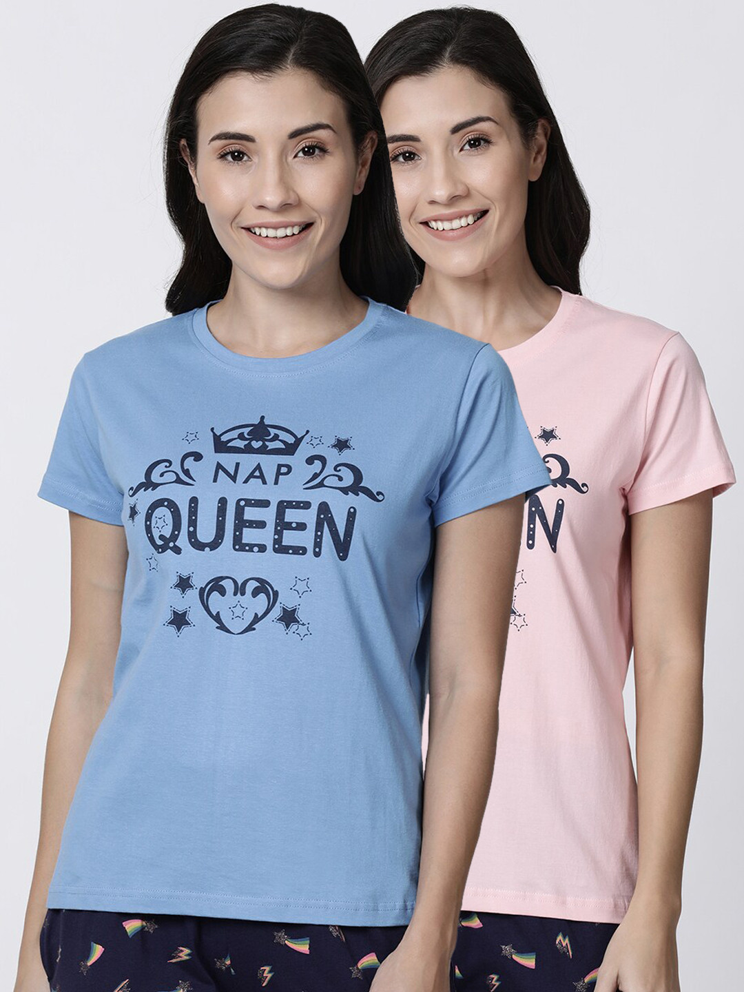 

Kryptic Women Pack Of 2 Printed Pure Cotton Lounge T-Shirt, Blue