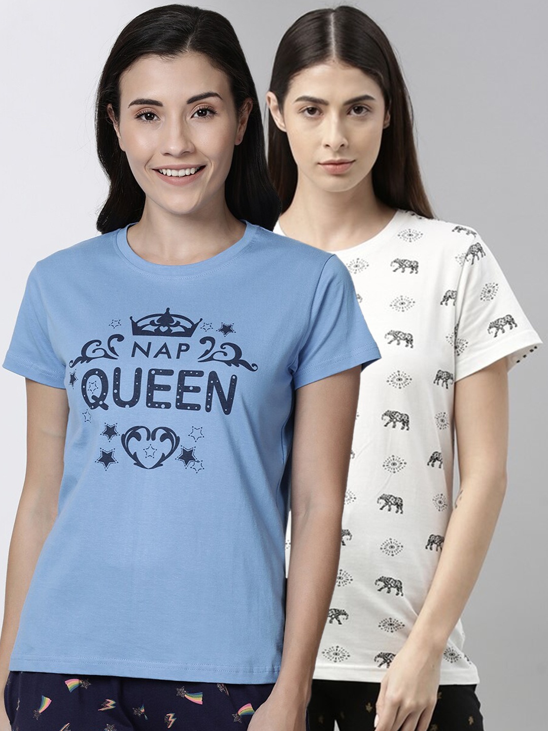 

Kryptic Women Pack Of 2 Printed Pure Cotton Lounge T-Shirts, Blue