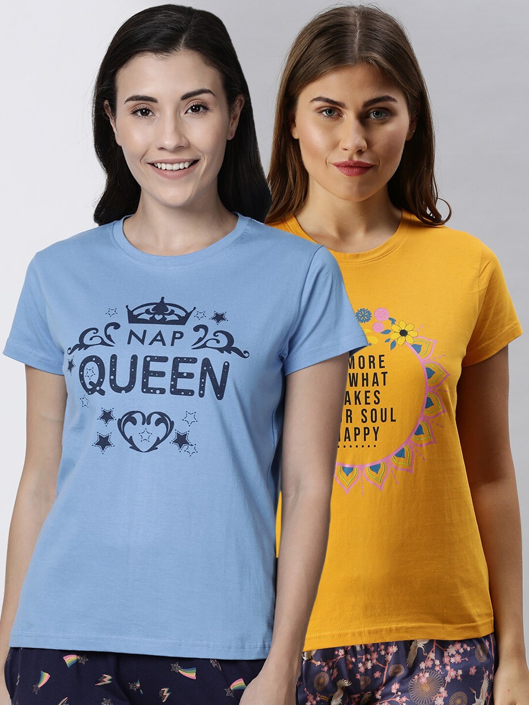

Kryptic Women Pack Of 2 Printed Pure Cotton Lounge T-Shirts, Blue