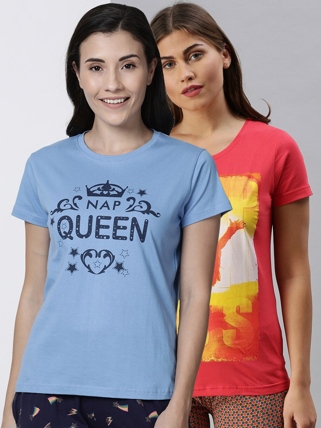 

Kryptic Women Pack Of 2 Printed Pure Cotton Lounge T-Shirt, Blue