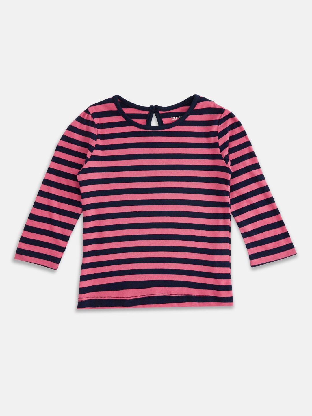 

Pantaloons Baby Girls Navy Blue & Pink Striped Pure Cotton T-shirt