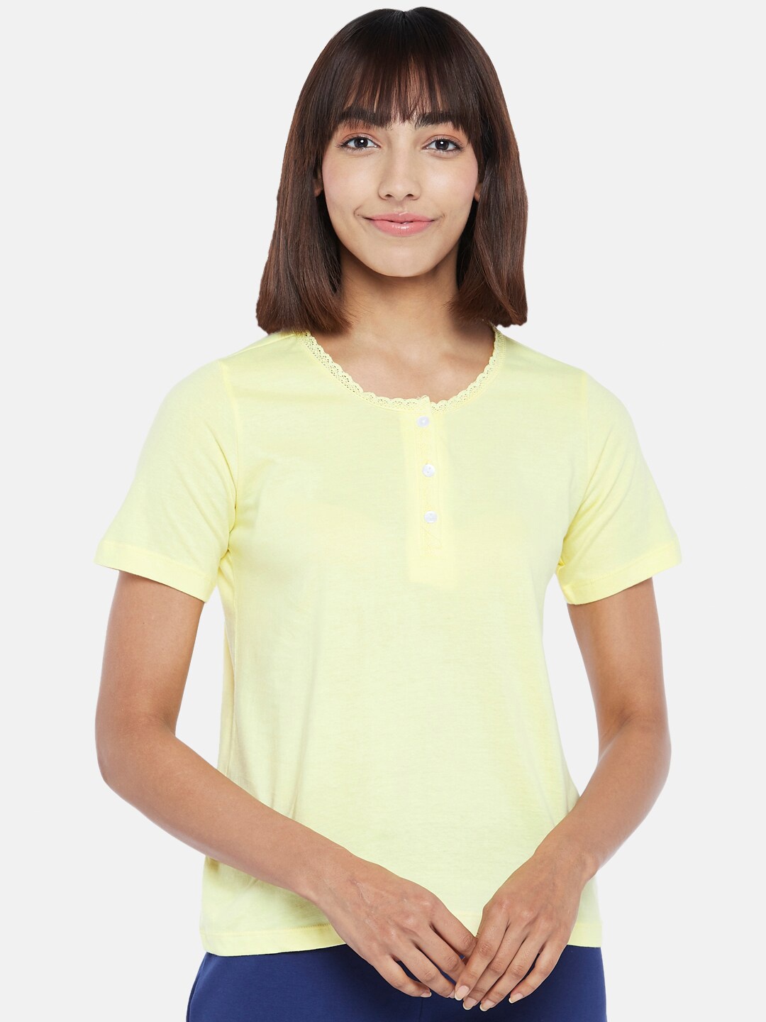 

Dreamz by Pantaloons Women Yellow Solid Pure Cotton Lounge T-shirt