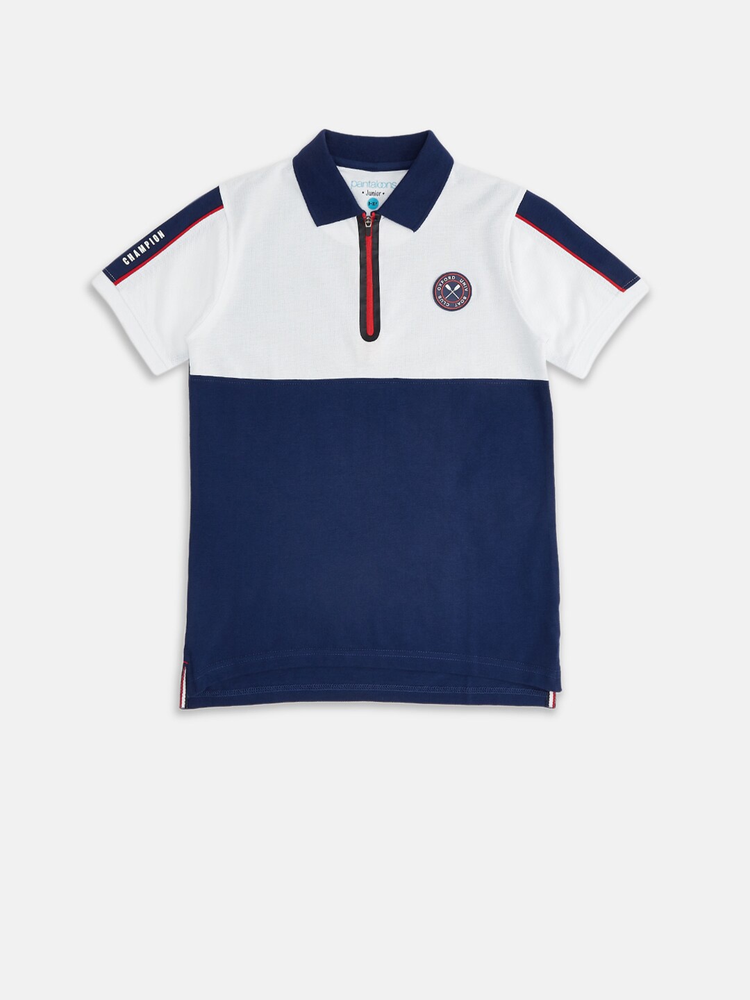 

Pantaloons Junior Boys Navy Blue & White Colourblocked Pure Cotton Applique T-shirt