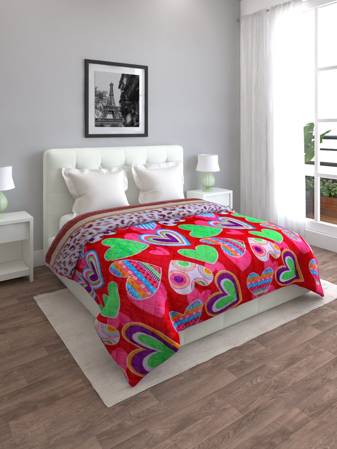 

ROMEE Red & Green Heart Printed Mild Winter 500 GSM Double Bed Blanket