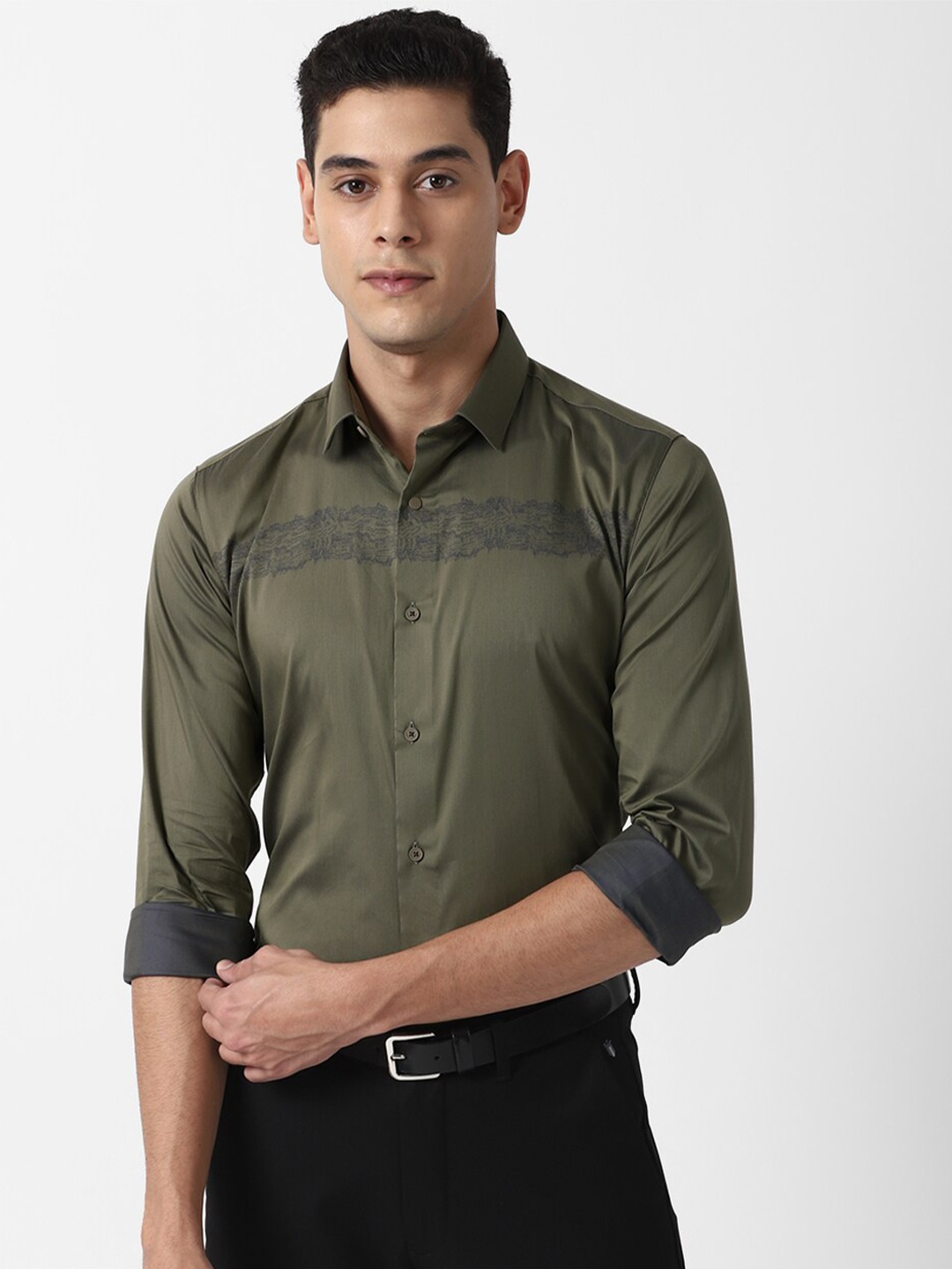 

Louis Philippe Sport Men Olive Green Solid Slim Fit Casual Shirt with Print Detail