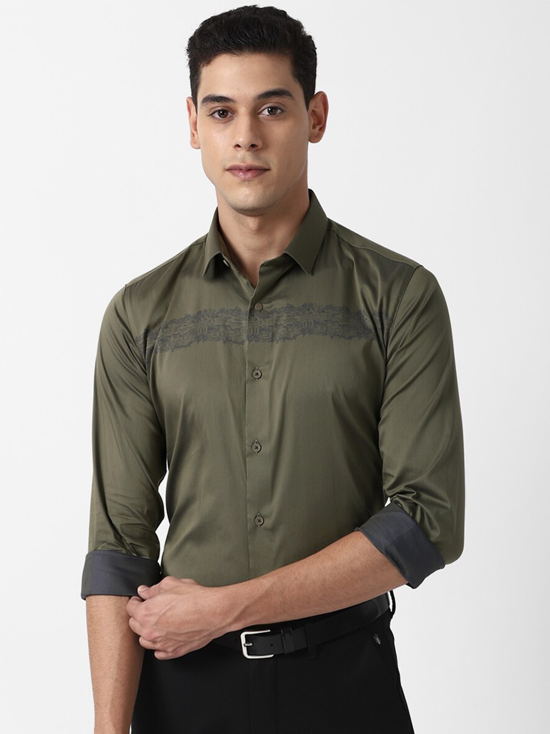 

Louis Philippe Sport Men Olive Green Solid Slim Fit Casual Shirt with Print Detail