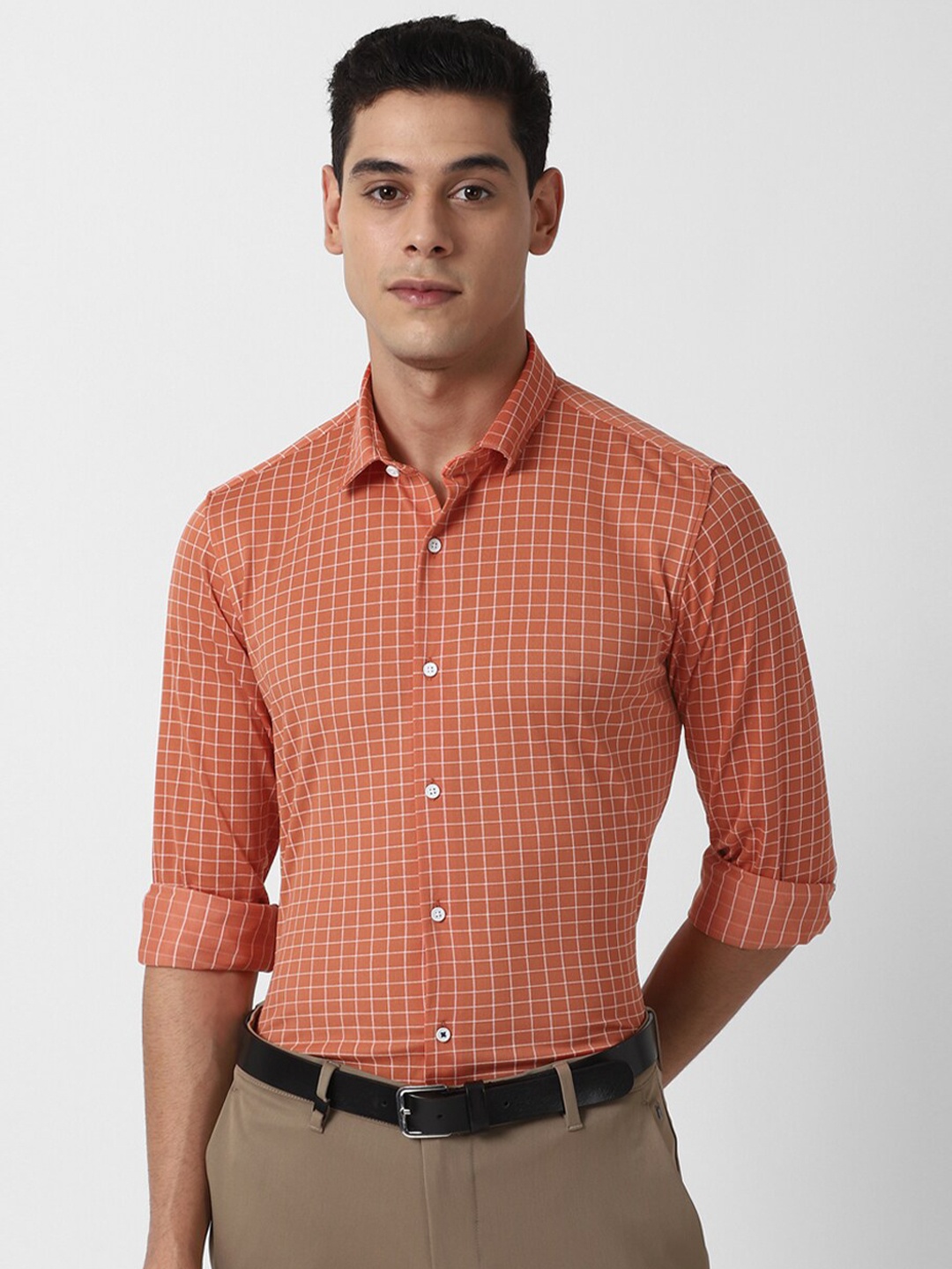 

Louis Philippe Sport Men Orange Slim Fit Grid Checked Cotton Casual Shirt