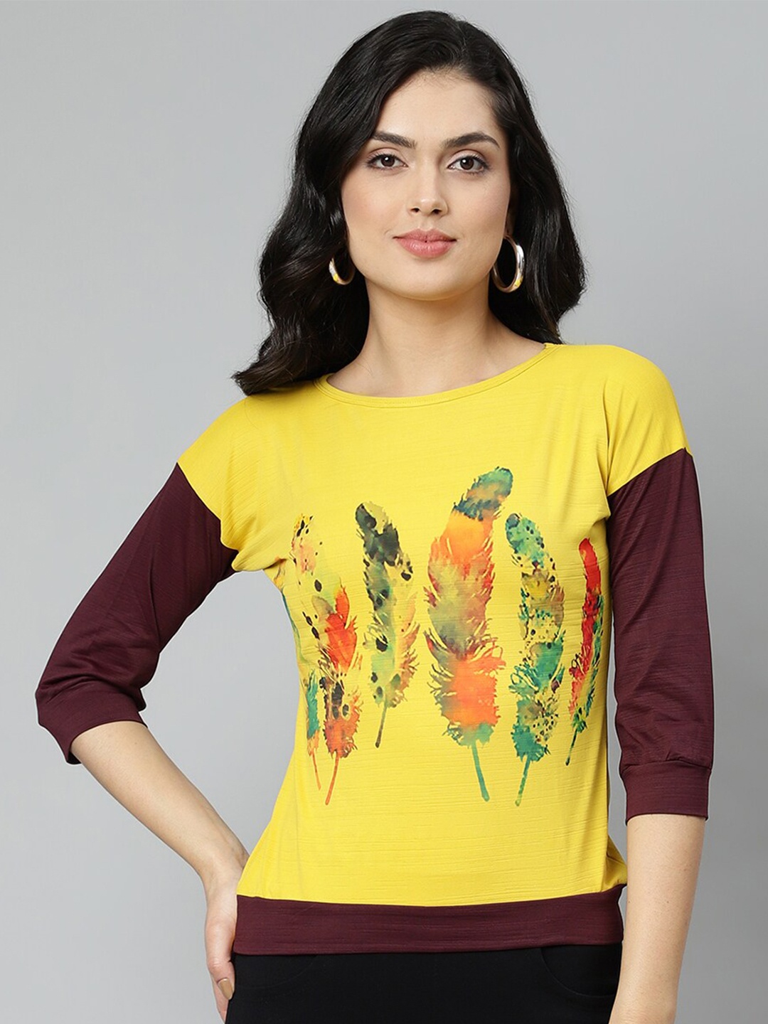 

OM SAI LATEST CREATION Yellow & Brown Graphic Print Drop-shoulder Sleeves Top