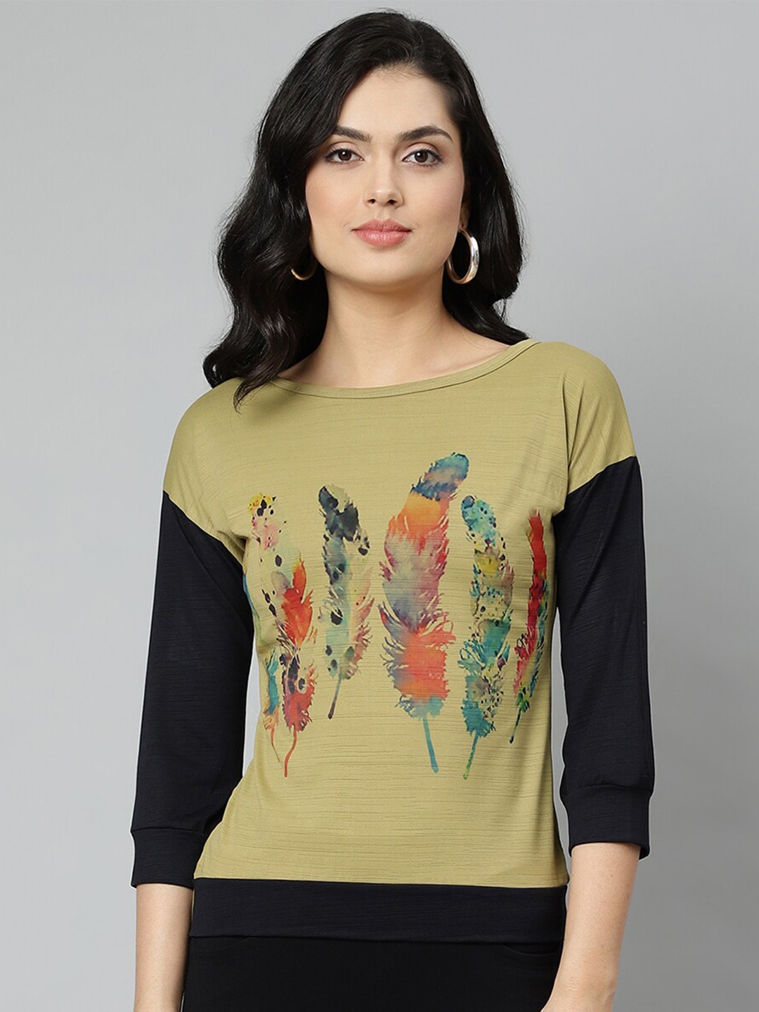 

OM SAI LATEST CREATION Olive Green & Black Graphic Print Drop-shoulder Sleeves Top