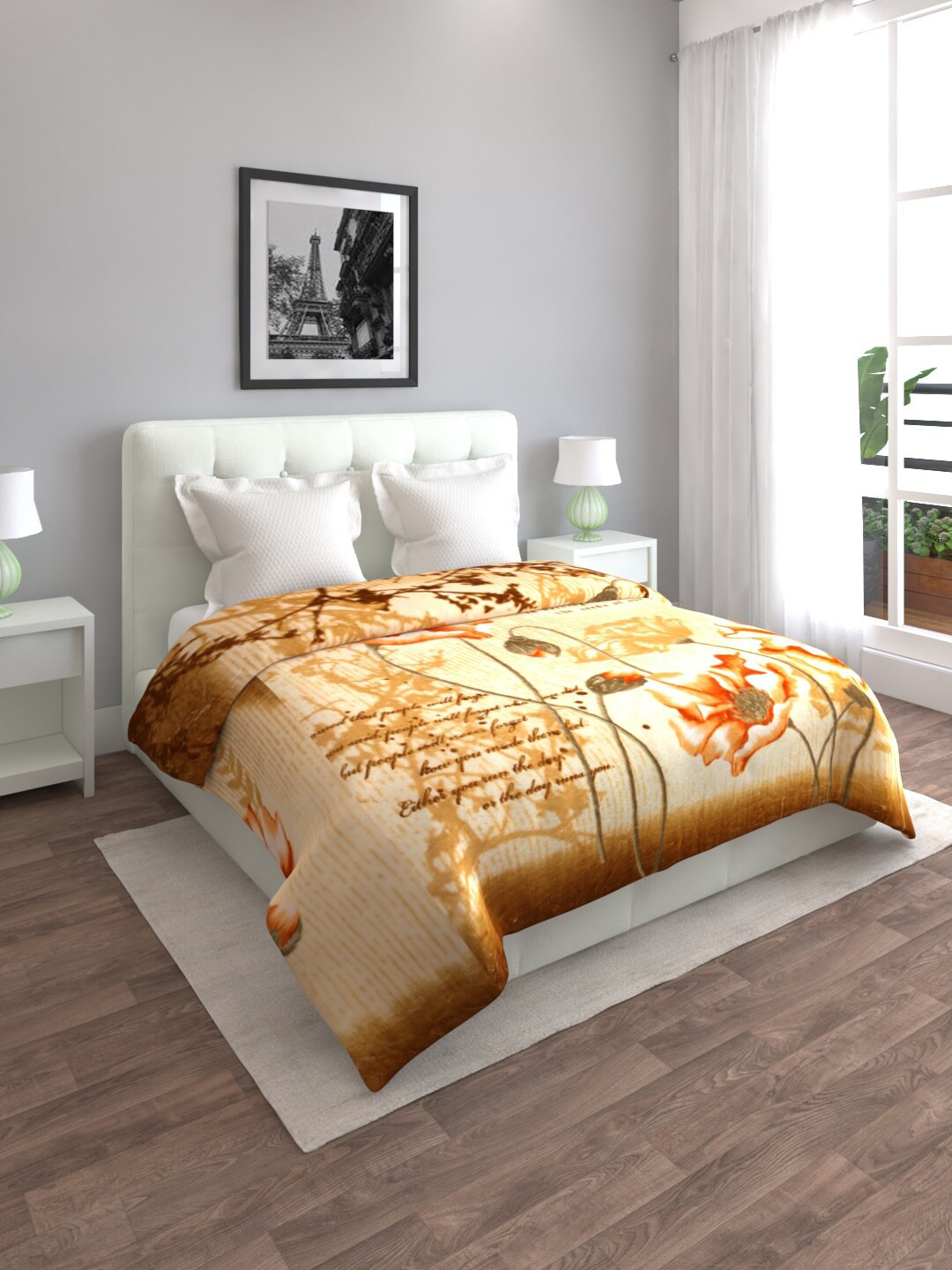 

ROMEE Cream-Coloured & Brown Floral Heavy Winter Double Bed Blanket
