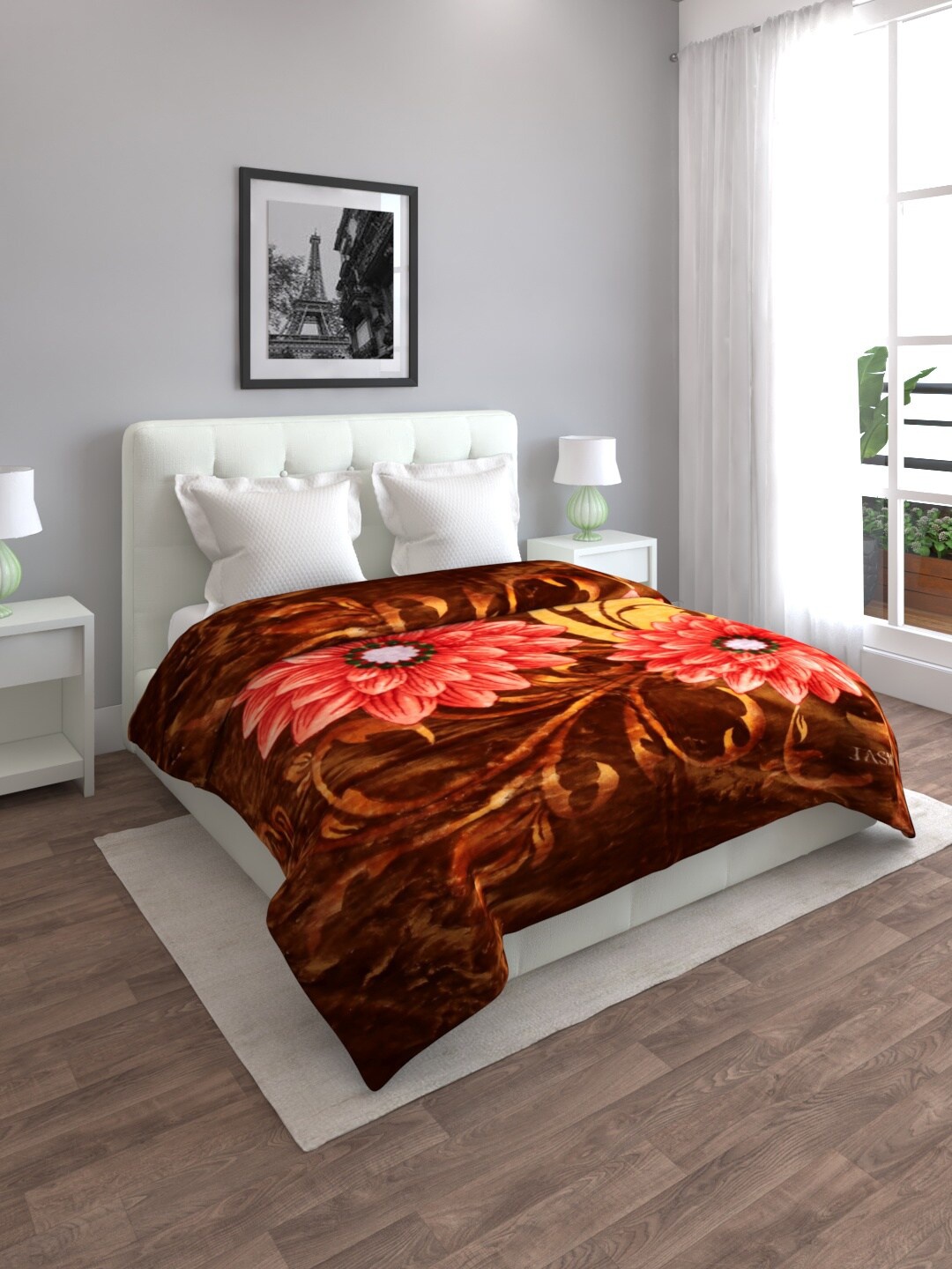 

ROMEE Brown & Peach-Coloured Floral Heavy Winter Double Bed Blanket