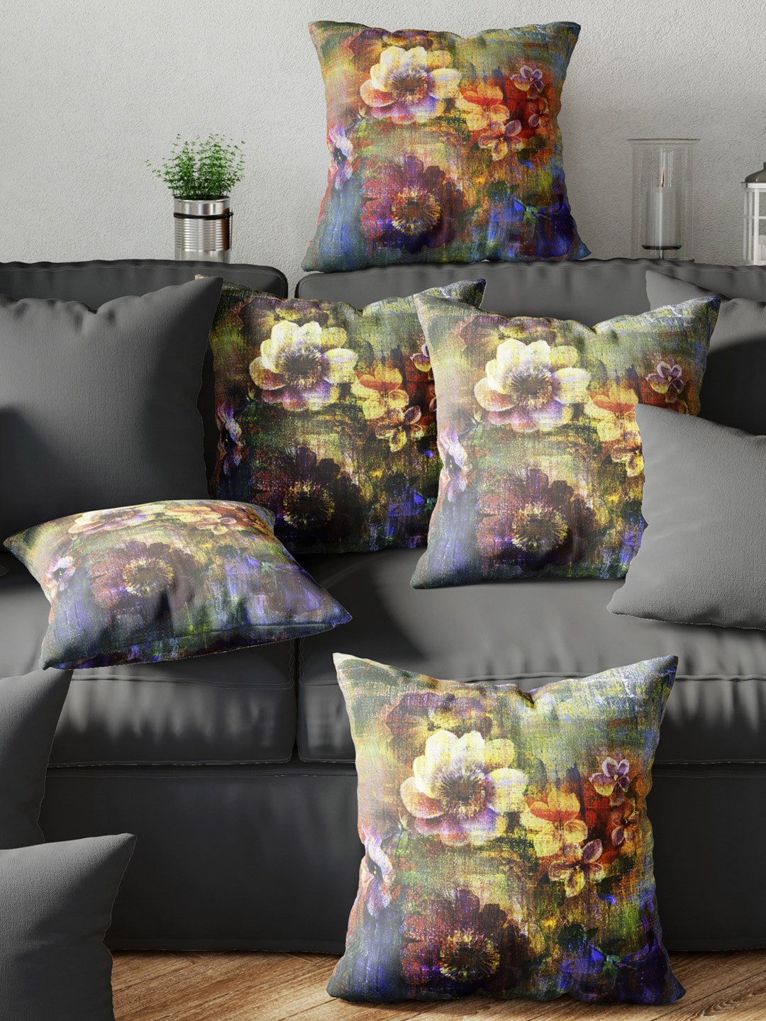 

BIANCA Set of 5 Blue & Yellow Floral Square Cushion Covers