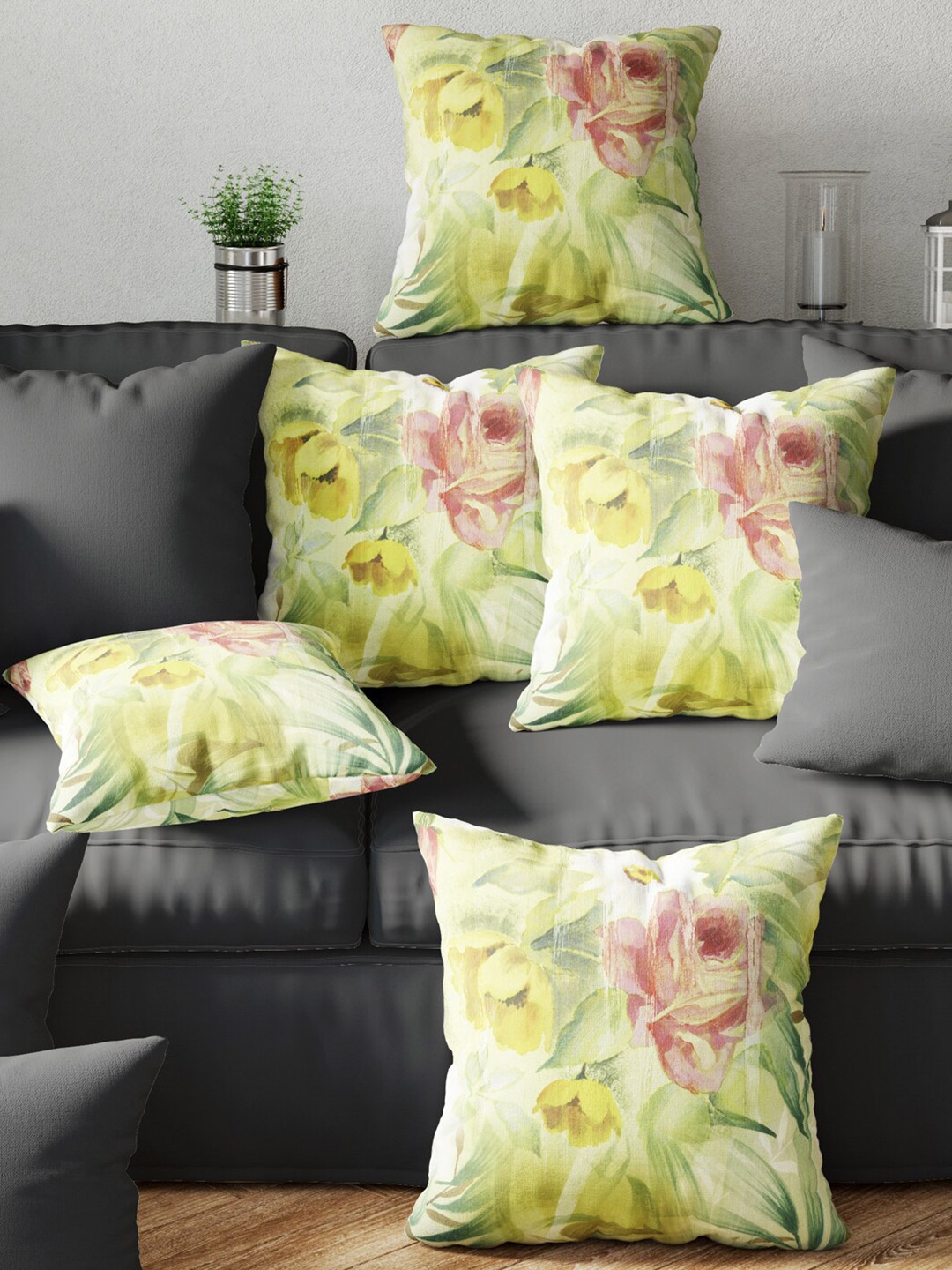 

BIANCA Pack Of 5 Yellow Floral Printed Square Cushion Cover