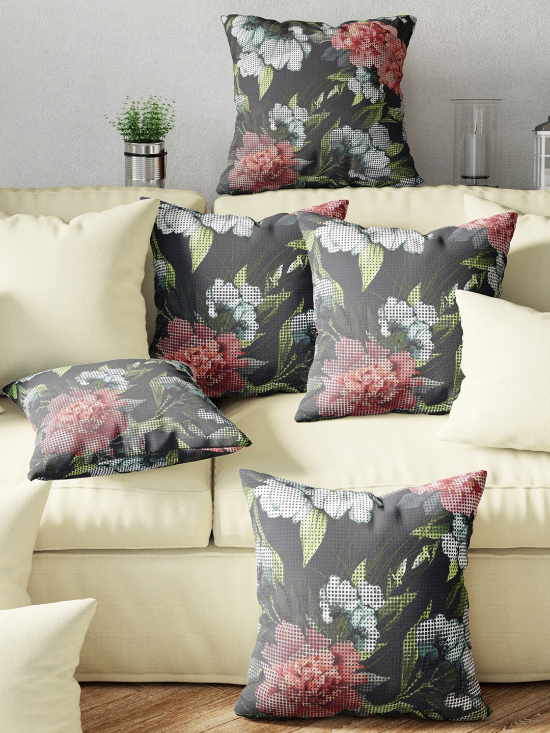 

BIANCA Pink & Grey Set of 5 Floral Square Cushion Covers