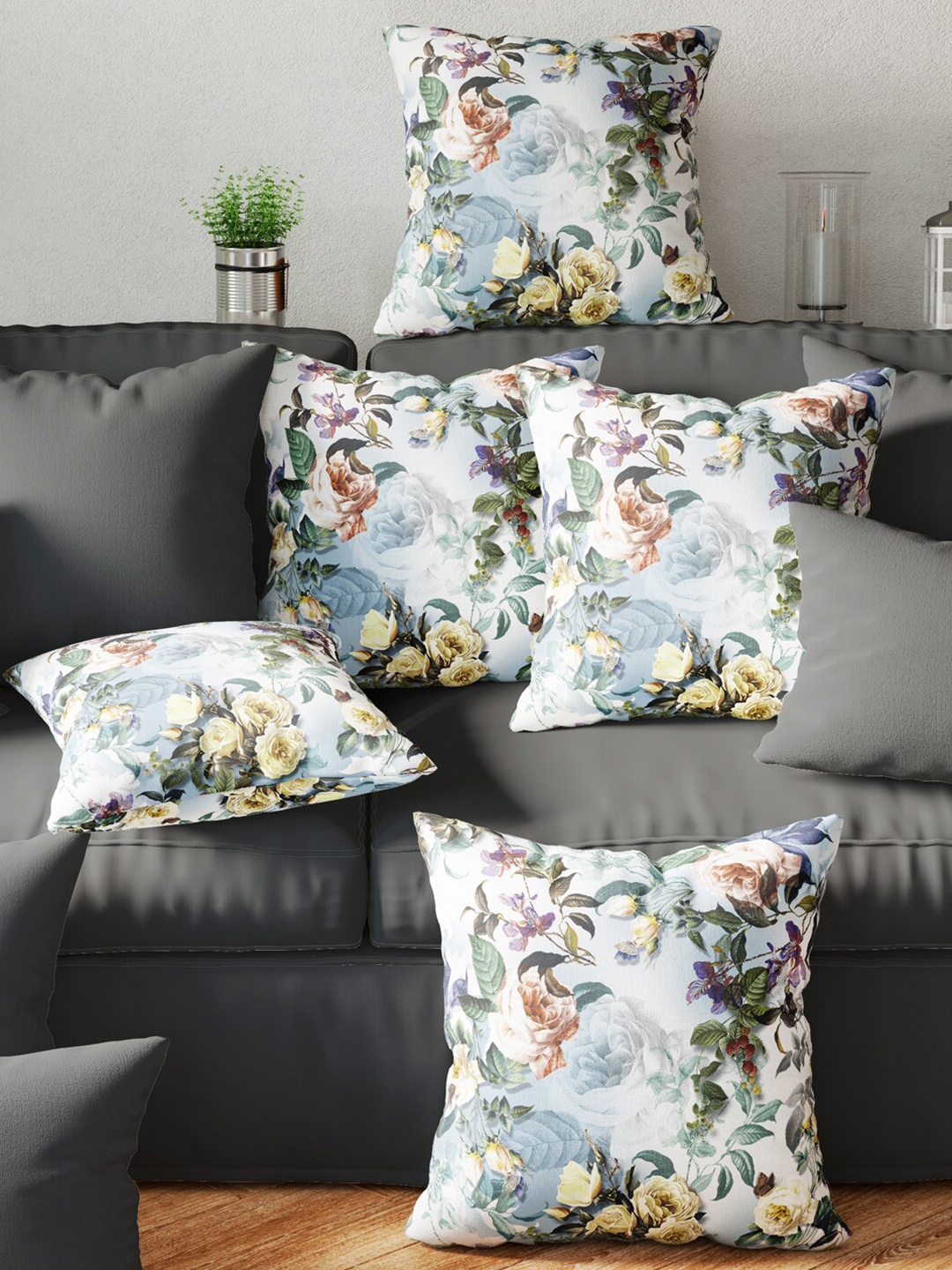 

BIANCA Set Of 5 Blue & Red Floral Printed Square Cushion Covers