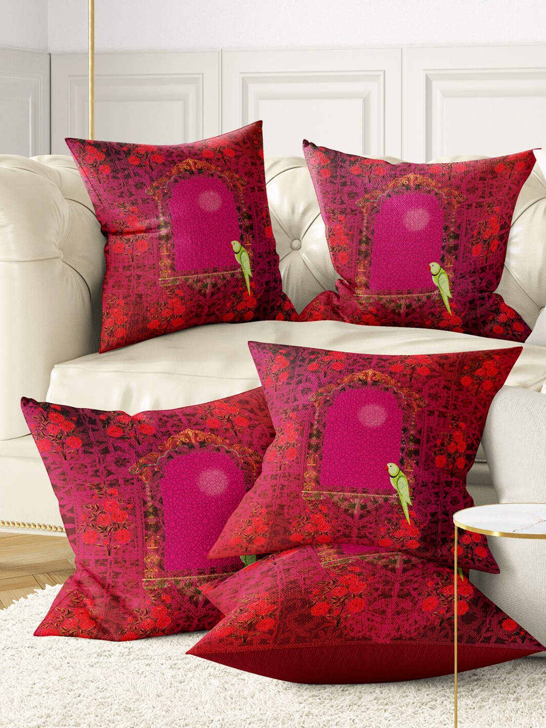 

BIANCA Red & Magenta Set of 5 Floral Square Cushion Covers