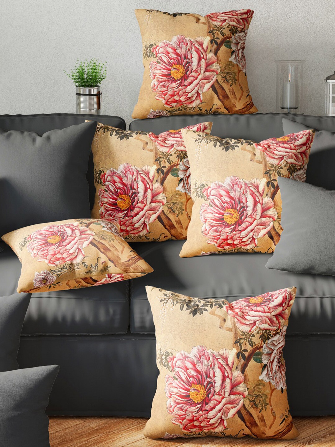 

BIANCA Beige & Black Set of 5 Floral Square Cushion Covers