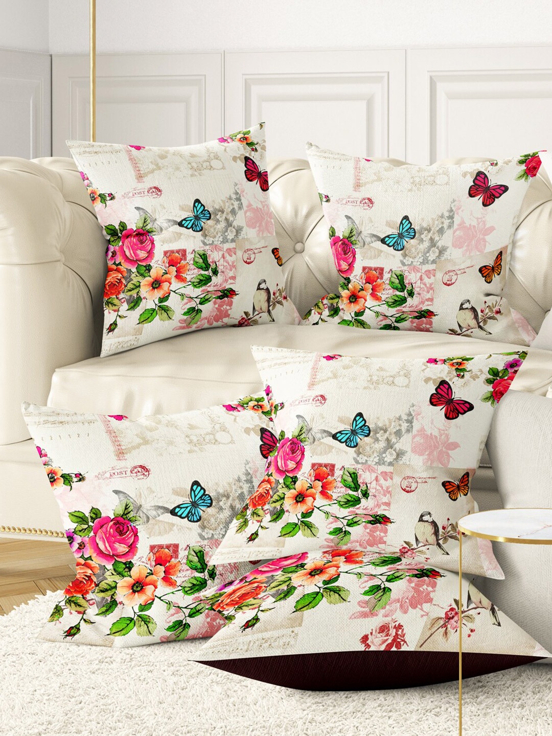 

BIANCA Off White & Orange Set of 5 Floral Square Cushion Covers