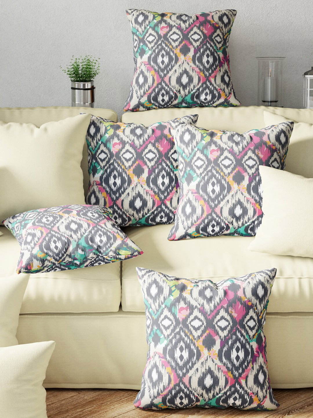 

BIANCA Off-White & Black Set of 5 Geometric Digital Printed Square Cushion Covers