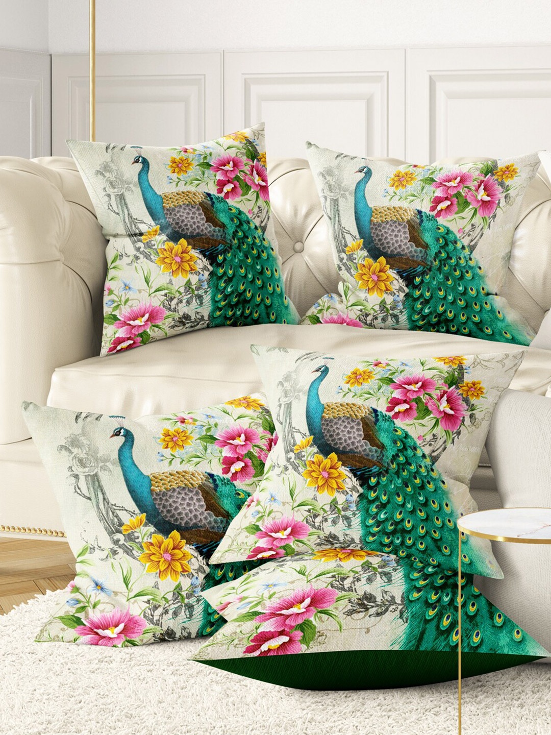 

BIANCA Grey & Green Set of 5 Floral Digital Printed Square Cushion Covers