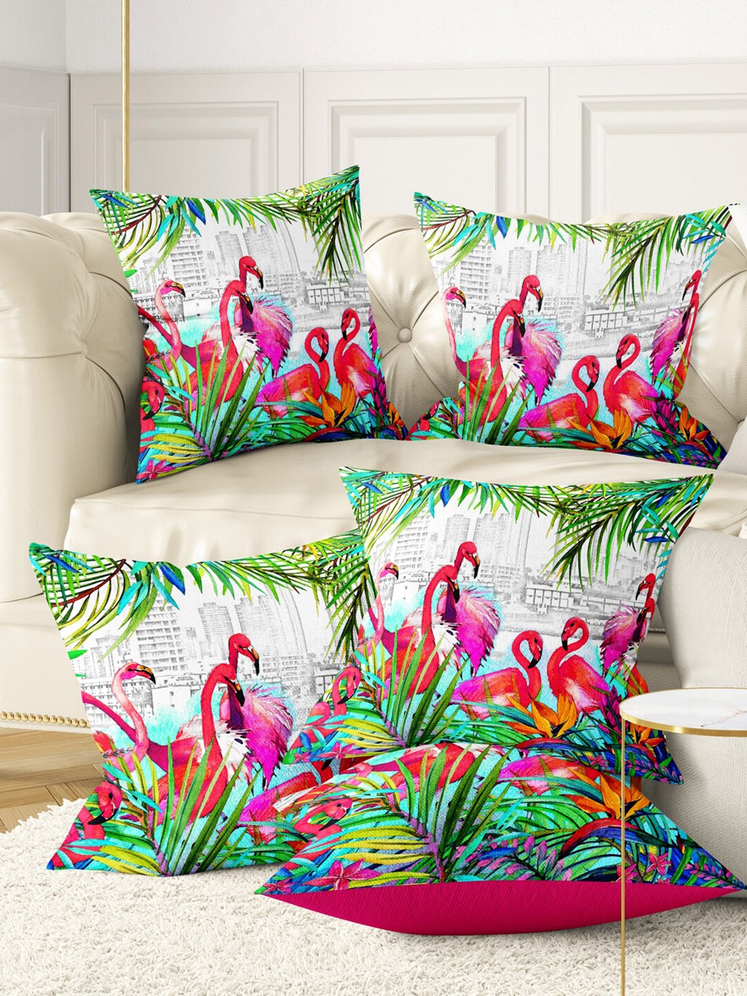 

BIANCA Pack Of 5 Pink & Green Digital Printed Square Cushion Cover