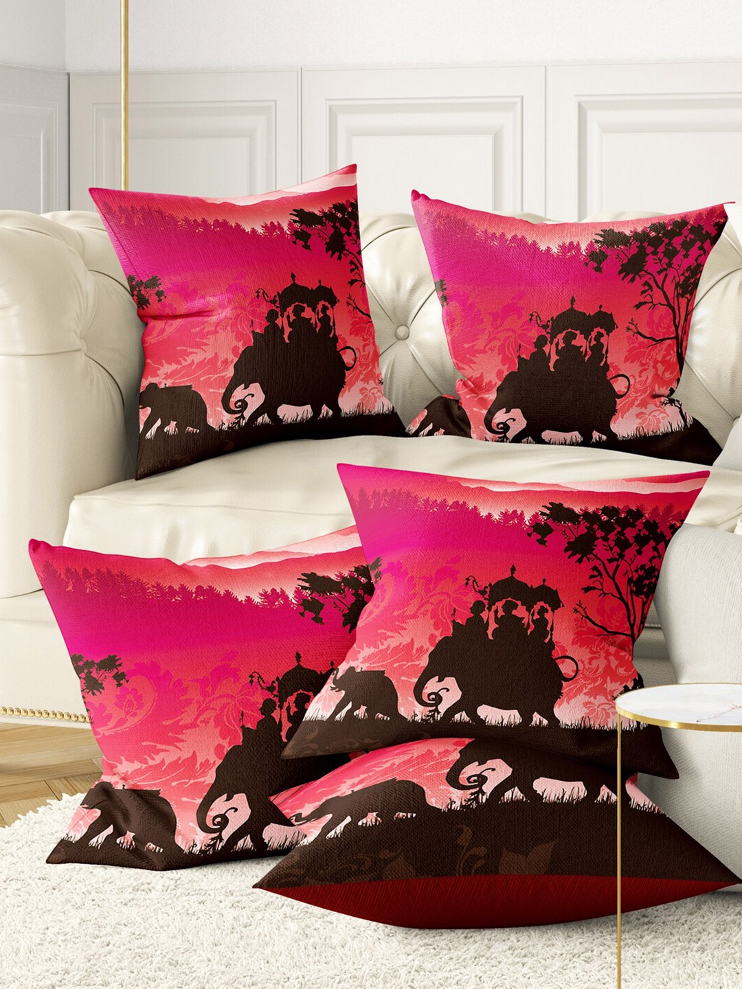 

BIANCA Set Of 5 Red & Black Ethnic Motifs Square Cushion Covers