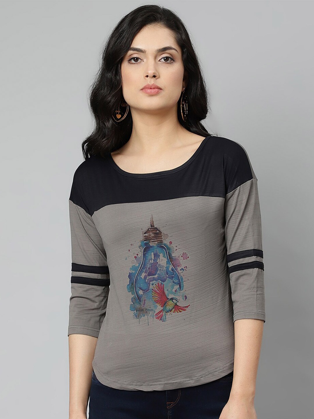 

OM SAI LATEST CREATION Grey & Black Graphic Print Drop Shoulder Sleeves Top