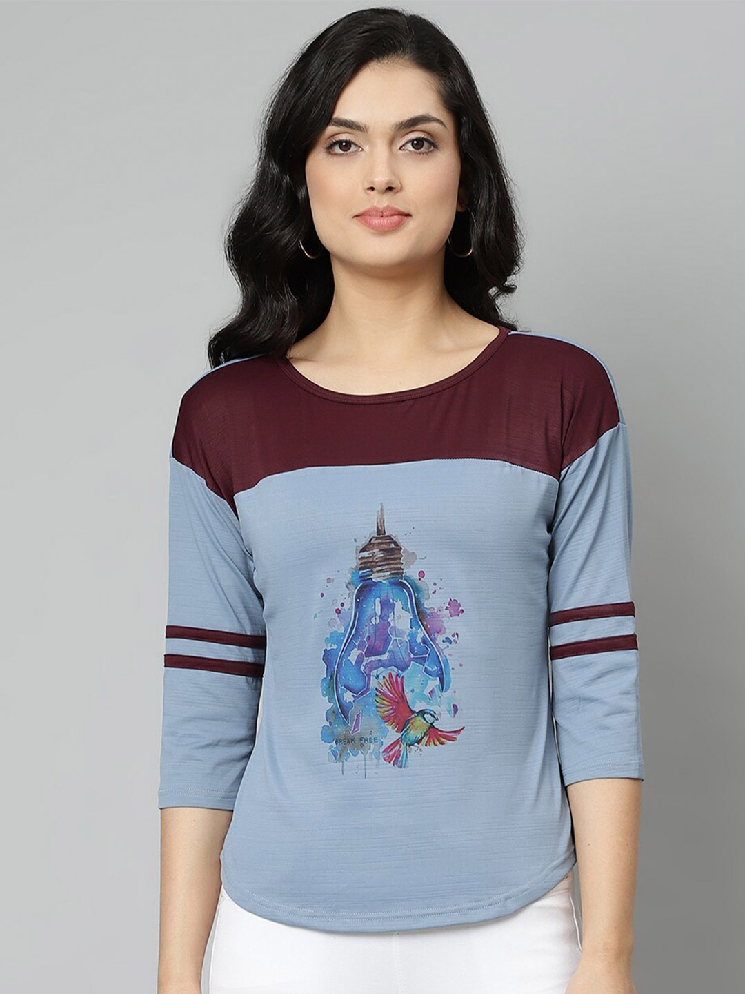 

OM SAI LATEST CREATION Blue & Burgundy Graphic Print Drop Shoulder Sleeves Top