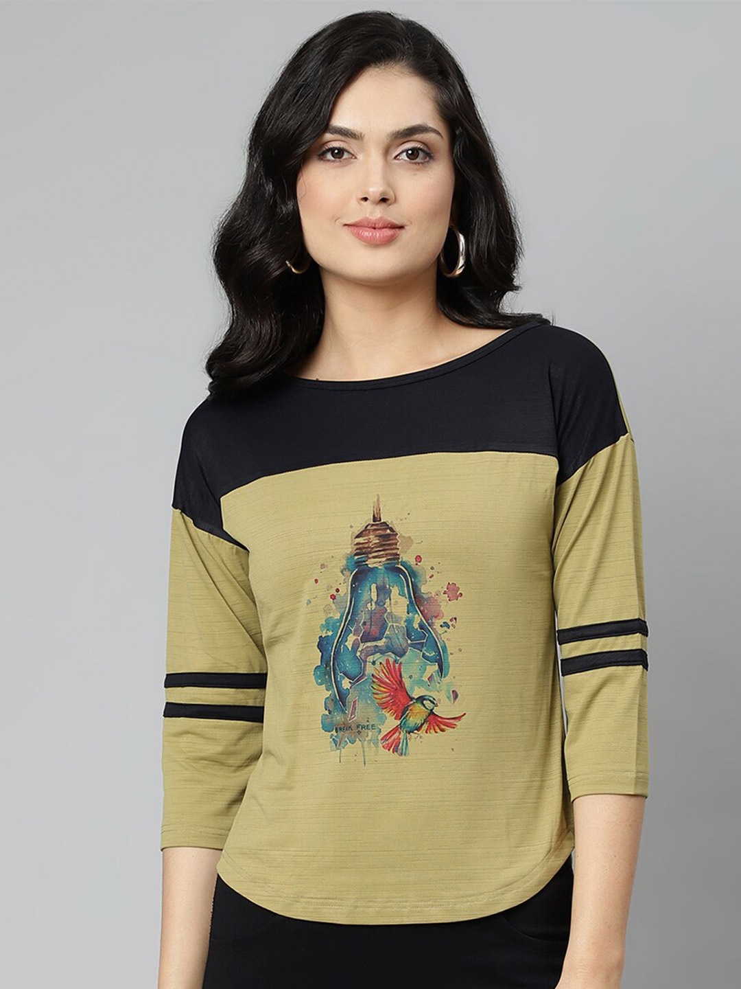 

OM SAI LATEST CREATION Green & Black Graphic Print Drop Shoulder Sleeves Top
