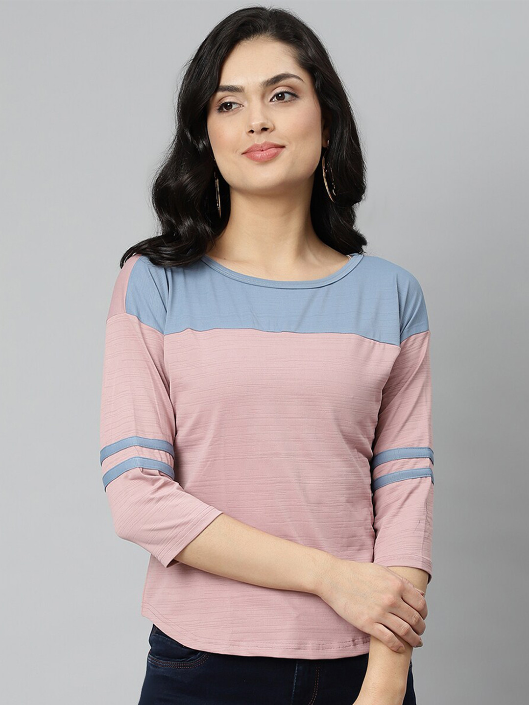 

OM SAI LATEST CREATION Pink & Blue Colourblocked Drop Shoulder Sleeves Top