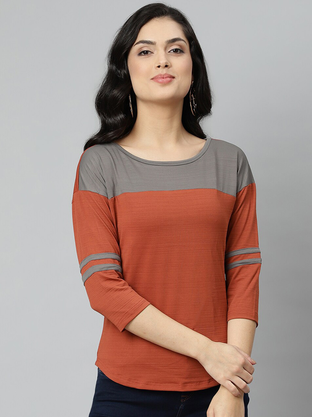 

OM SAI LATEST CREATION Rust Orange & Grey Colourblocked Drop Shoulder Sleeves Top