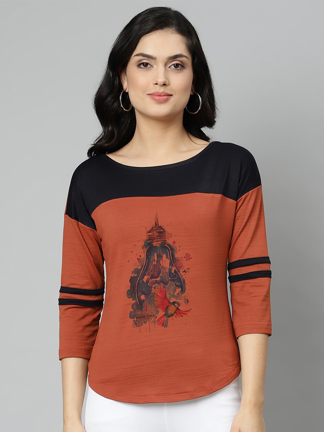 

OM SAI LATEST CREATION Rust Orange & Black Graphic Print Drop Shoulder Sleeves Top